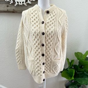 VTG Sheila handknits Irish fisherman’s cable knit wool‎ cardigan sweater FLAW